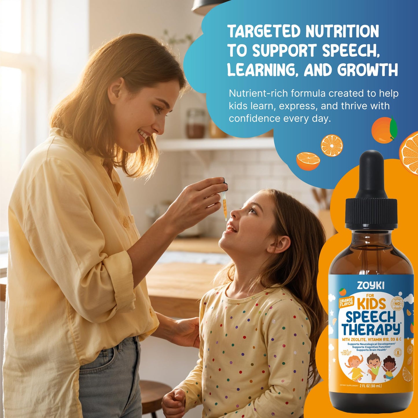Zoyki Speech Therapy Drops for Kids - Speech Support Supplement for Communication Delay Cognitive Function Language & Brain Development with Zeolite Vitamins B12 D3 C - Sugar Free Gluten-Free Vegan - dailyvitalstore