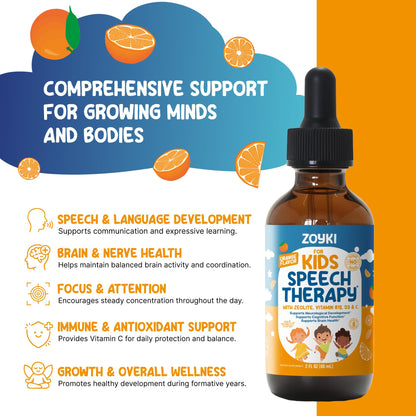 Zoyki Speech Therapy Drops for Kids - Speech Support Supplement for Communication Delay Cognitive Function Language & Brain Development with Zeolite Vitamins B12 D3 C - Sugar Free Gluten-Free Vegan - dailyvitalstore
