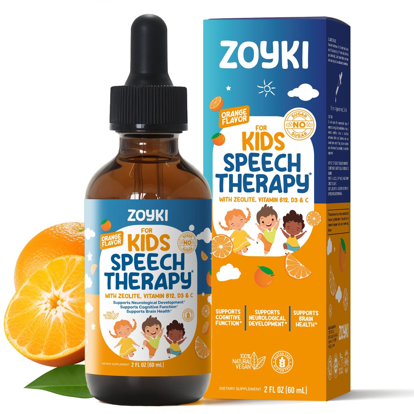 Zoyki Speech Therapy Drops for Kids - Speech Support Supplement for Communication Delay Cognitive Function Language & Brain Development with Zeolite Vitamins B12 D3 C - Sugar Free Gluten-Free Vegan - dailyvitalstore