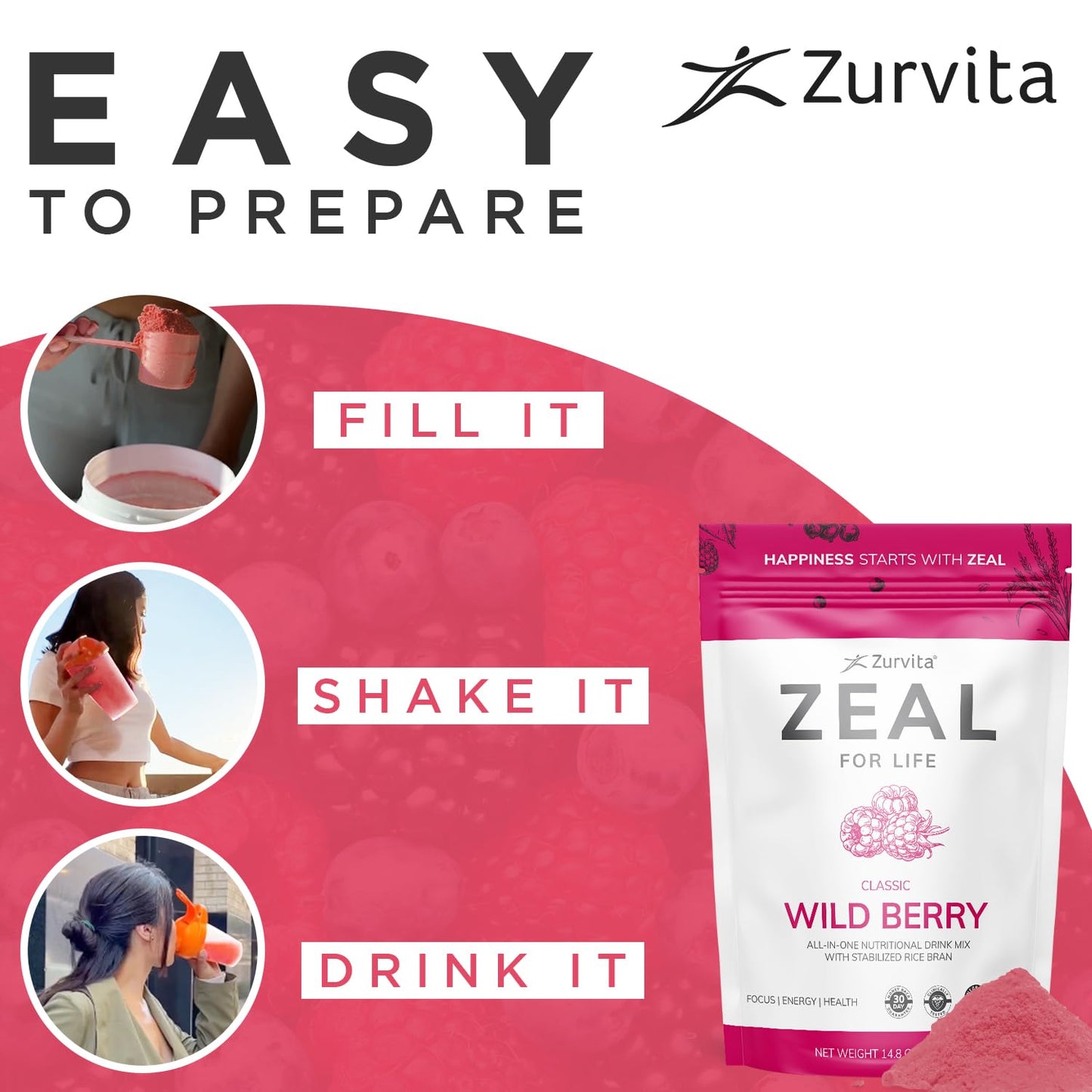 Zurvita - Zeal for Life 30-Day Wellness Bag - Wild Berry (Classic) - Nutritional Supplement for Vitality, Immunity, and Wellness - 420 Grams - dailyvitalstore