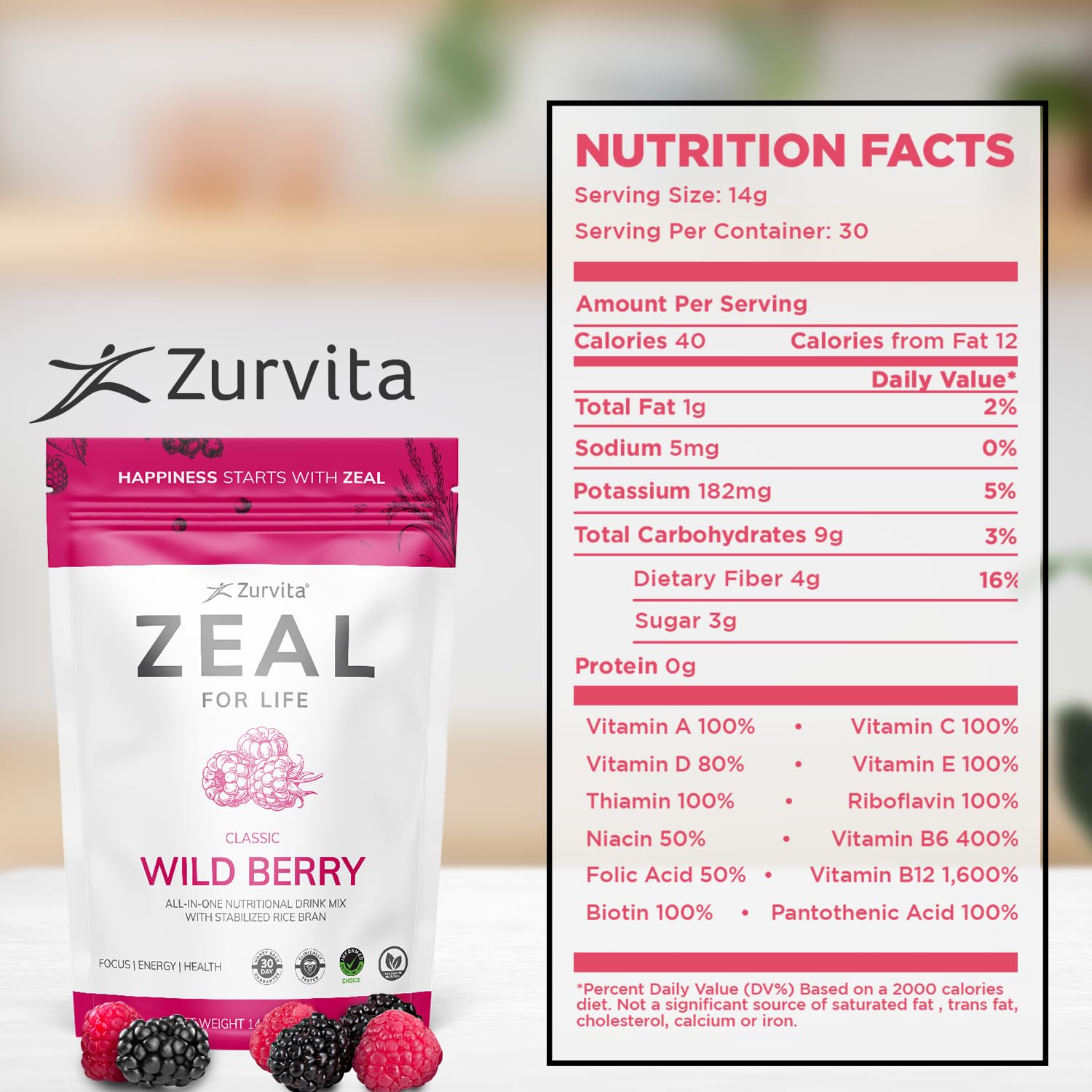 Zurvita - Zeal for Life 30-Day Wellness Bag - Wild Berry (Classic) - Nutritional Supplement for Vitality, Immunity, and Wellness - 420 Grams - dailyvitalstore