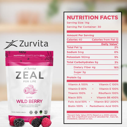 Zurvita - Zeal for Life 30-Day Wellness Bag - Wild Berry (Classic) - Nutritional Supplement for Vitality, Immunity, and Wellness - 420 Grams - dailyvitalstore