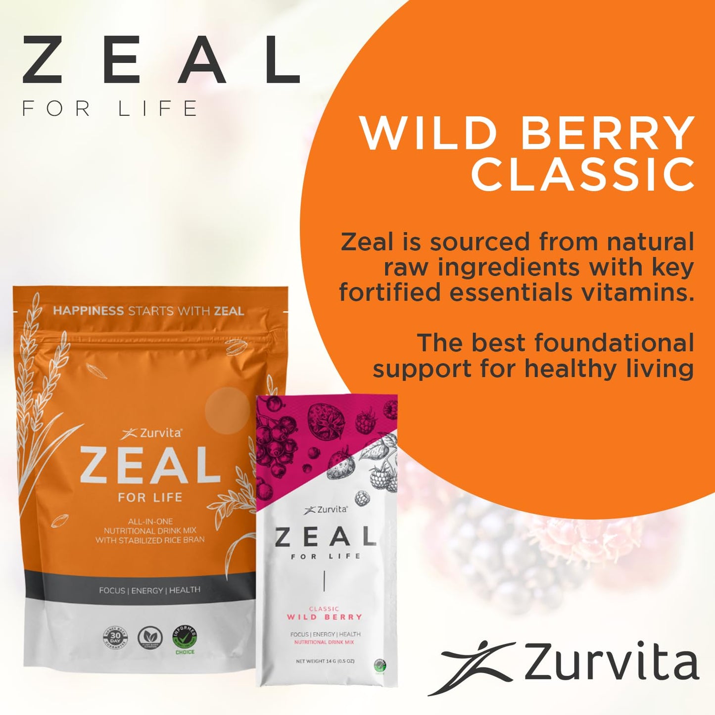 Zurvita - Zeal for Life Wellness Drink Mix - Wild Berry (Classic) Flavor - Gluten-Free, Vegan, with Vitamins and Minerals - 10 Single Packets - dailyvitalstore