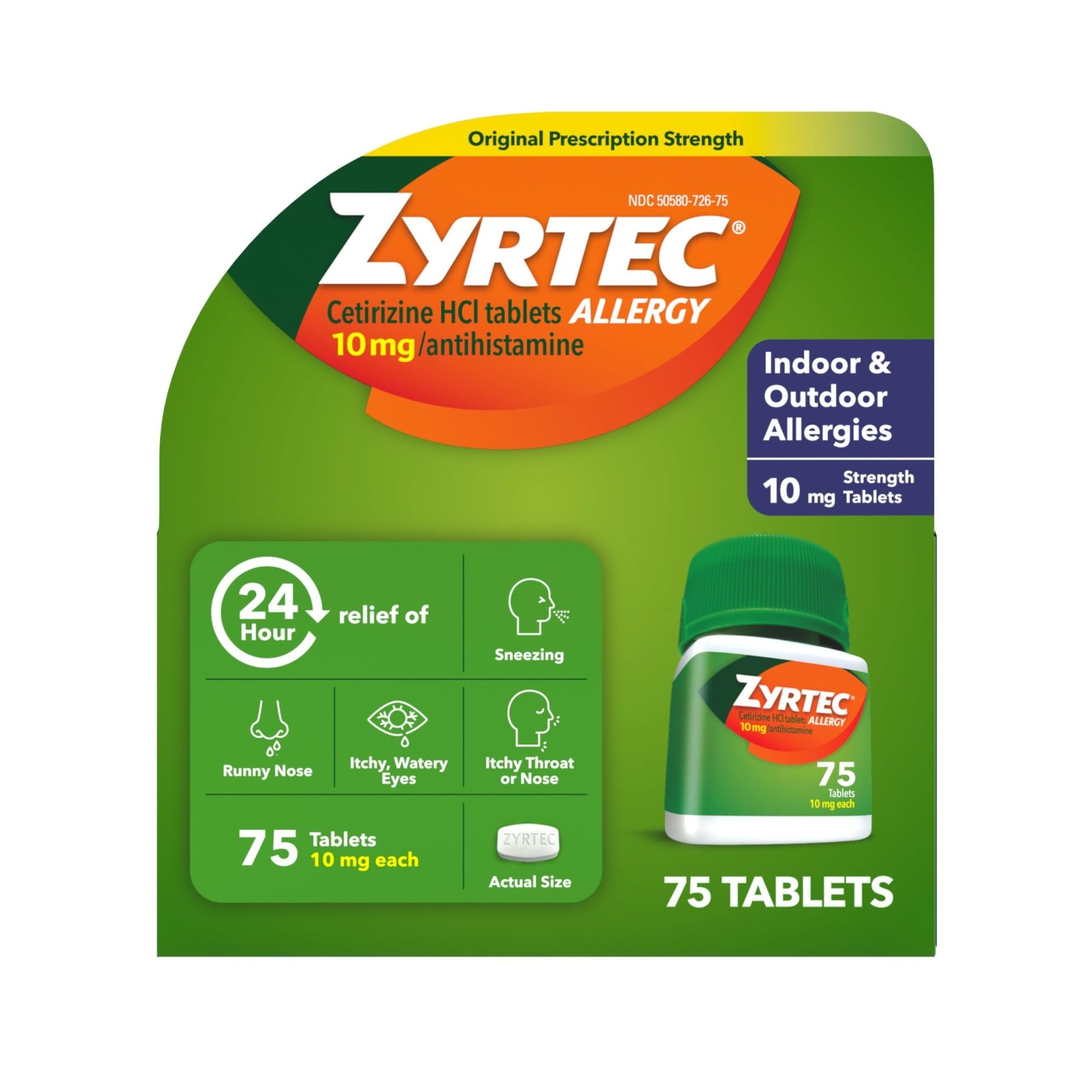 Zyrtec 24 Hour Allergy Medicine Tablets, Indoor & Outdoor Allergy Pills, Non Drowsy Antihistamine, 10 mg Cetirizine HCI, Relief from Runny Nose, Sneezing, Itchy & Watery Eyes, 75 ct - dailyvitalstore