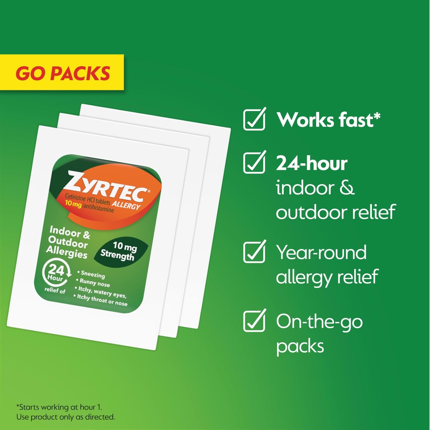 Zyrtec 24 Hour Allergy Relief Tablets, Antihistamine Indoor & Outdoor Anti Allergy Medicine + Cetirizine HCl, Relief from Runny Nose, Sneezing, & Itchy Eyes, Single Packs, 14 x 1 ct Packets - dailyvitalstore