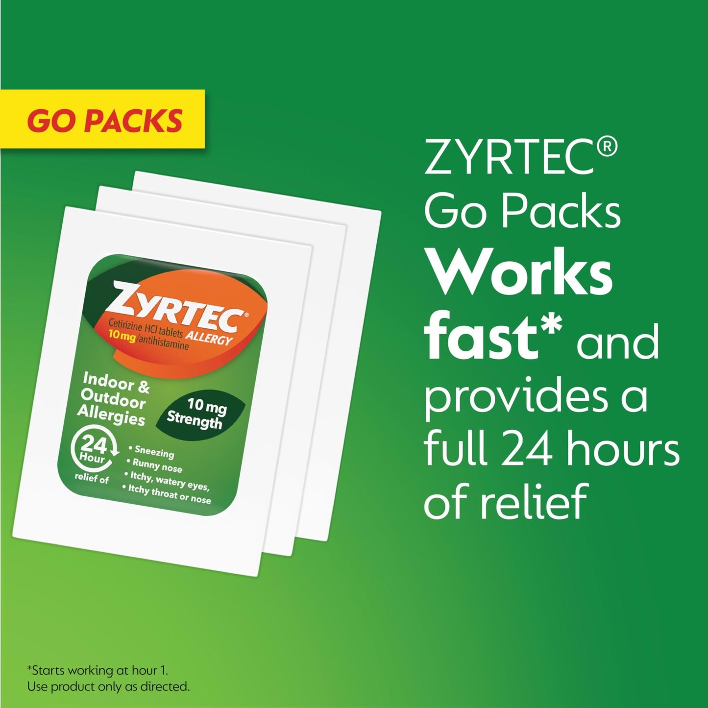 Zyrtec 24 Hour Allergy Relief Tablets, Antihistamine Indoor & Outdoor Anti Allergy Medicine + Cetirizine HCl, Relief from Runny Nose, Sneezing, & Itchy Eyes, Single Packs, 14 x 1 ct Packets - dailyvitalstore