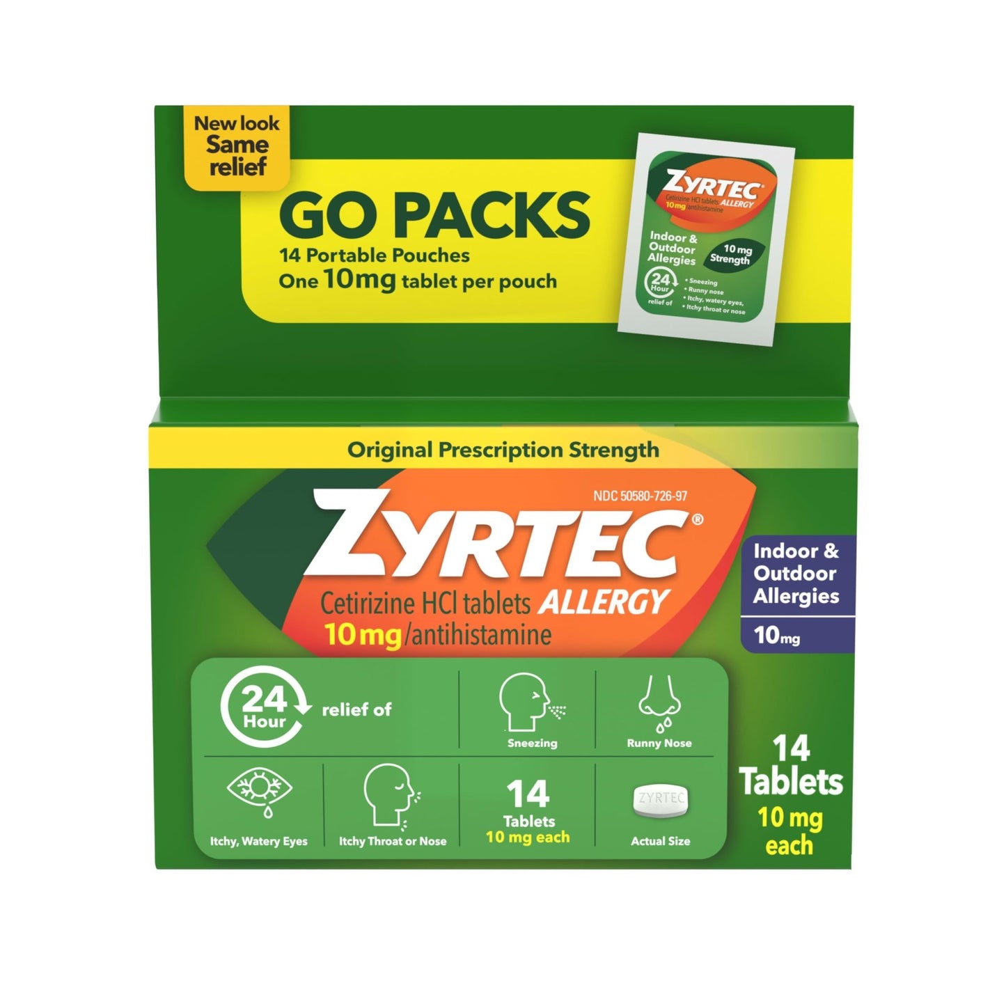 Zyrtec 24 Hour Allergy Relief Tablets, Antihistamine Indoor & Outdoor Anti Allergy Medicine + Cetirizine HCl, Relief from Runny Nose, Sneezing, & Itchy Eyes, Single Packs, 14 x 1 ct Packets - dailyvitalstore