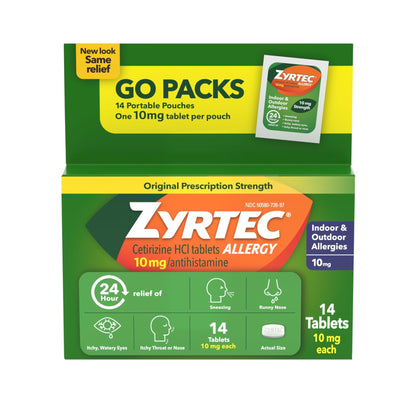 Zyrtec 24 Hour Allergy Relief Tablets, Antihistamine Indoor & Outdoor Anti Allergy Medicine + Cetirizine HCl, Relief from Runny Nose, Sneezing, & Itchy Eyes, Single Packs, 14 x 1 ct Packets - dailyvitalstore