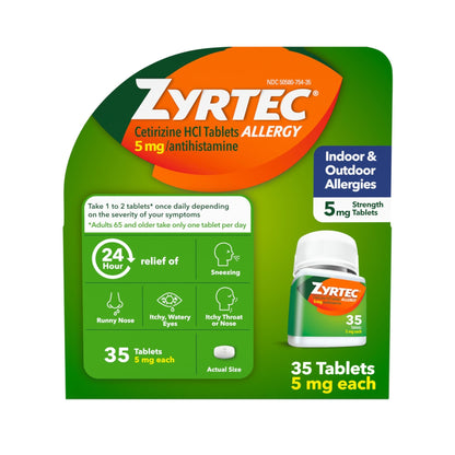 Zyrtec 24 Hour Allergy Relief Tablets, Indoor & Outdoor Allergy Medicine for Adults with 5 mg Cetirizine Hydrochloride, Relief of Runny Nose, Sneezing, Itchy Eyes, Plus Dust, Mold & Pet Dander, 35 ct - dailyvitalstore