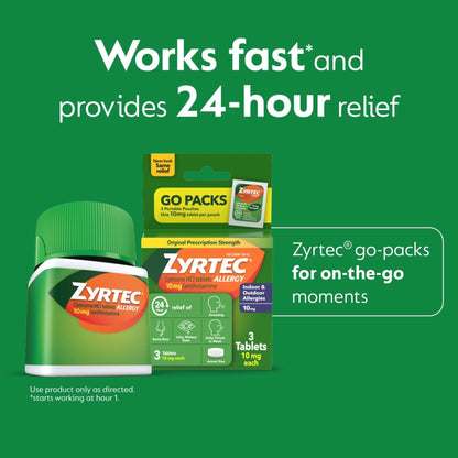 Zyrtec 24 Hour Allergy Relief Tablets, Indoor & Outdoor Allergy Medicine with 10 mg Cetirizine Hydrochloride Antihistamine, Value Bundle of one, 90 ct Bottle & Three, 1 ct Travel Packs - dailyvitalstore