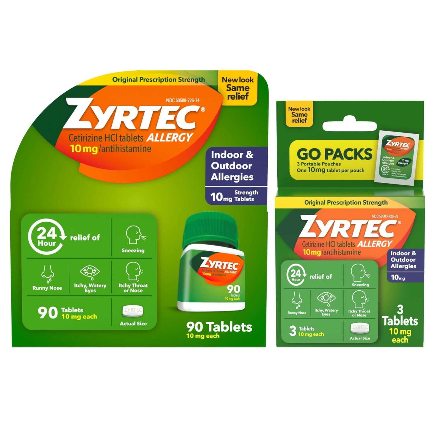 Zyrtec 24 Hour Allergy Relief Tablets, Indoor & Outdoor Allergy Medicine with 10 mg Cetirizine Hydrochloride Antihistamine, Value Bundle of one, 90 ct Bottle & Three, 1 ct Travel Packs - dailyvitalstore