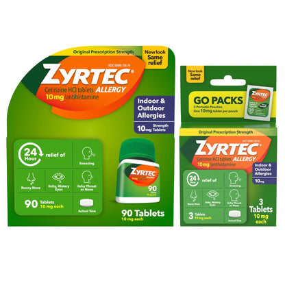 Zyrtec 24 Hour Allergy Relief Tablets, Indoor & Outdoor Allergy Medicine with 10 mg Cetirizine Hydrochloride Antihistamine, Value Bundle of one, 90 ct Bottle & Three, 1 ct Travel Packs - dailyvitalstore