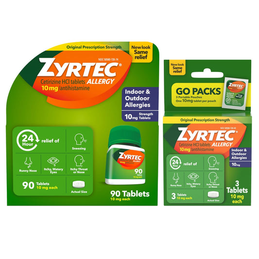 Zyrtec 24 Hour Allergy Relief Tablets, Indoor & Outdoor Allergy Medicine with 10 mg Cetirizine Hydrochloride Antihistamine, Value Bundle of one, 90 ct Bottle & Three, 1 ct Travel Packs - dailyvitalstore