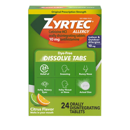 Zyrtec 24 Hour Dye-Free Allergy Relief Dissolve Tablets with 10 mg Cetirizine HCl, Citrus Flavored Antihistamine Allergy Medicine Helps Relieve Sneezing, Runny Nose, & Itchy Eyes, 24 ct - dailyvitalstore