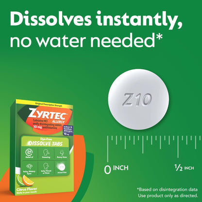 Zyrtec 24 Hour Dye-Free Allergy Relief Dissolve Tablets with 10 mg Cetirizine HCl, Citrus Flavored Antihistamine Allergy Medicine Helps Relieve Sneezing, Runny Nose, & Itchy Eyes, 24 ct - dailyvitalstore