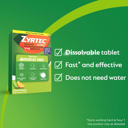 Zyrtec 24 Hour Dye-Free Allergy Relief Dissolve Tablets with 10 mg Cetirizine HCl, Citrus Flavored Antihistamine Allergy Medicine Helps Relieve Sneezing, Runny Nose, & Itchy Eyes, 24 ct - dailyvitalstore