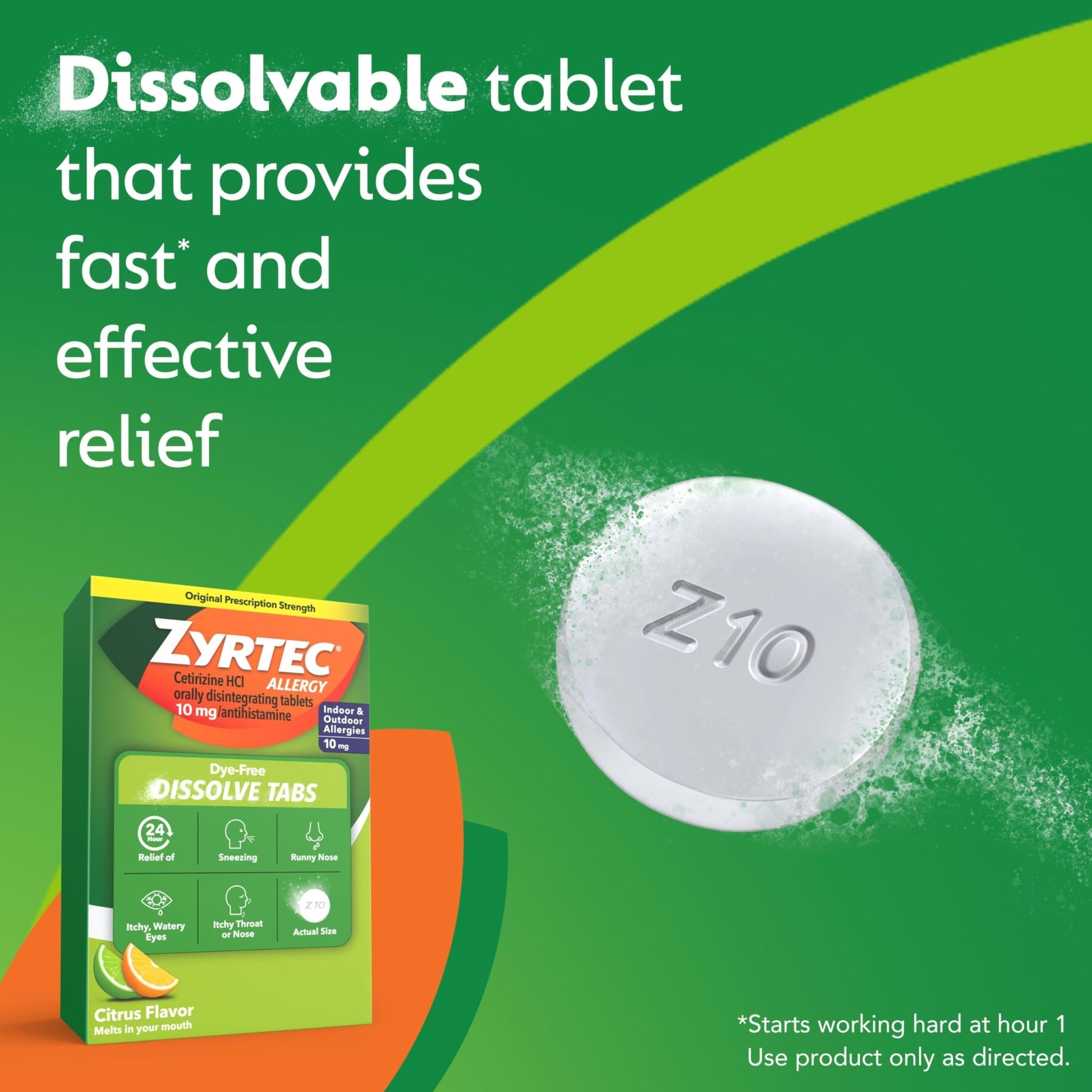 Zyrtec 24 Hour Dye-Free Allergy Relief Dissolve Tablets with 10 mg Cetirizine HCl, Citrus Flavored Antihistamine Allergy Medicine Helps Relieve Sneezing, Runny Nose, & Itchy Eyes, 24 ct - dailyvitalstore