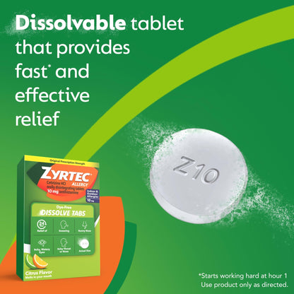 Zyrtec 24 Hour Dye-Free Allergy Relief Dissolve Tablets with 10 mg Cetirizine HCl, Citrus Flavored Antihistamine Allergy Medicine Helps Relieve Sneezing, Runny Nose, & Itchy Eyes, 24 ct - dailyvitalstore