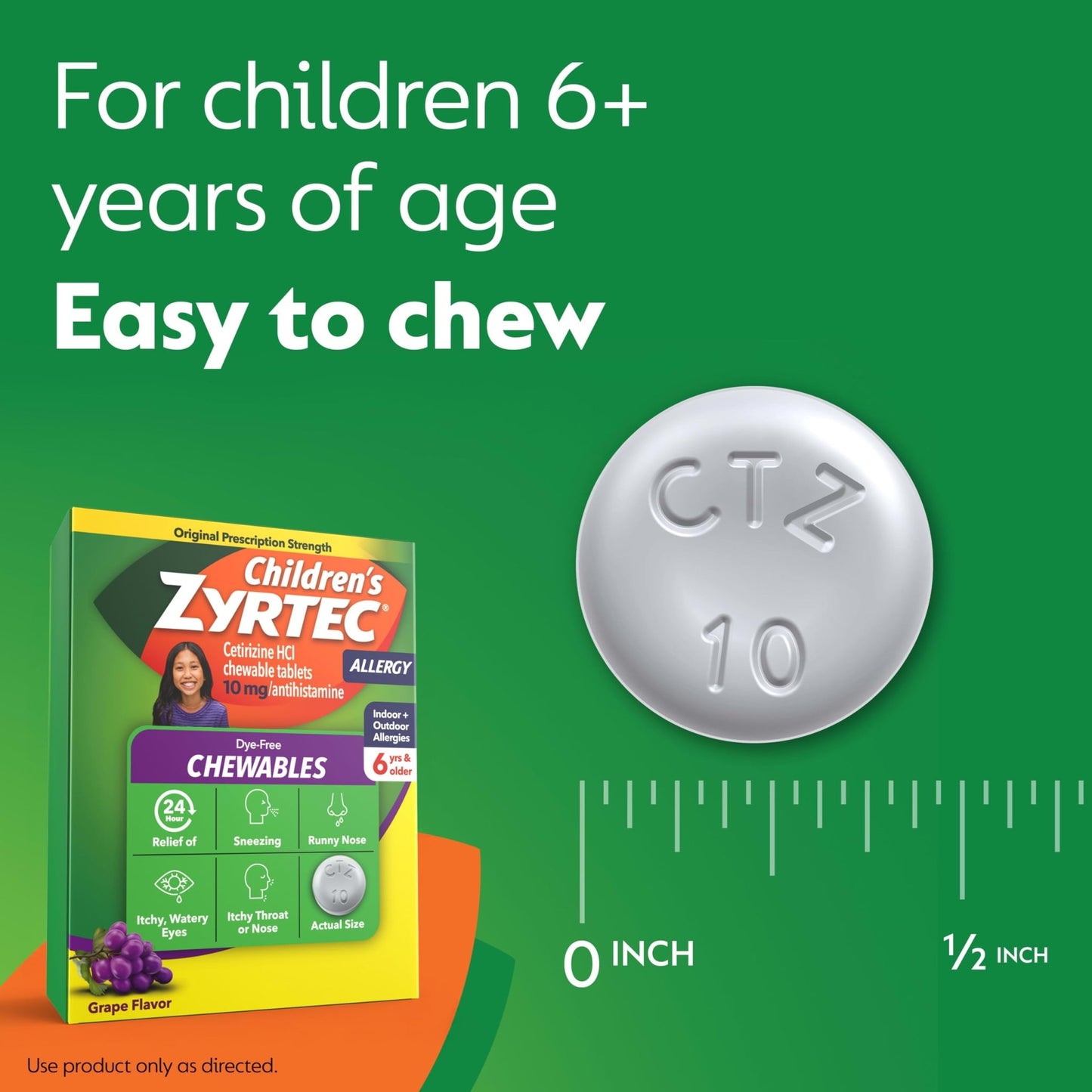 Zyrtec Children's Dye-Free Chewables for 24 Hour Allergy Relief, 10 mg Cetirizine Hydrochloride Antihistamine Tablets, Kids Allergy Medicine Relieves Sneezing & Itchy Throat, Grape, 48 ct - dailyvitalstore
