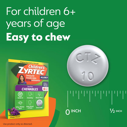 Zyrtec Children's Dye-Free Chewables for 24 Hour Allergy Relief, 10 mg Cetirizine Hydrochloride Antihistamine Tablets, Kids Allergy Medicine Relieves Sneezing & Itchy Throat, Grape, 48 ct - dailyvitalstore