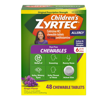 Zyrtec Children's Dye-Free Chewables for 24 Hour Allergy Relief, 10 mg Cetirizine Hydrochloride Antihistamine Tablets, Kids Allergy Medicine Relieves Sneezing & Itchy Throat, Grape, 48 ct - dailyvitalstore