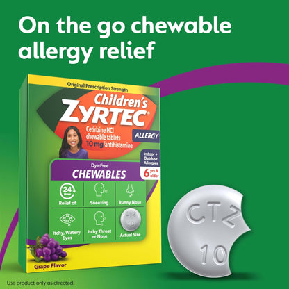 Zyrtec Children's Dye-Free Chewables for 24 Hour Allergy Relief, 10 mg Cetirizine Hydrochloride Antihistamine Tablets, Kids Allergy Medicine Relieves Sneezing & Itchy Throat, Grape, 48 ct - dailyvitalstore