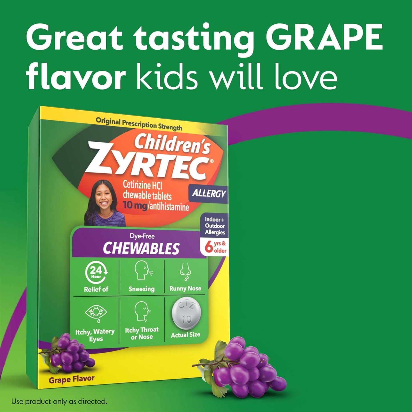 Zyrtec Children's Dye-Free Chewables for 24 Hour Allergy Relief, 10 mg Cetirizine Hydrochloride Antihistamine Tablets, Kids Allergy Medicine Relieves Sneezing & Itchy Throat, Grape, 48 ct - dailyvitalstore