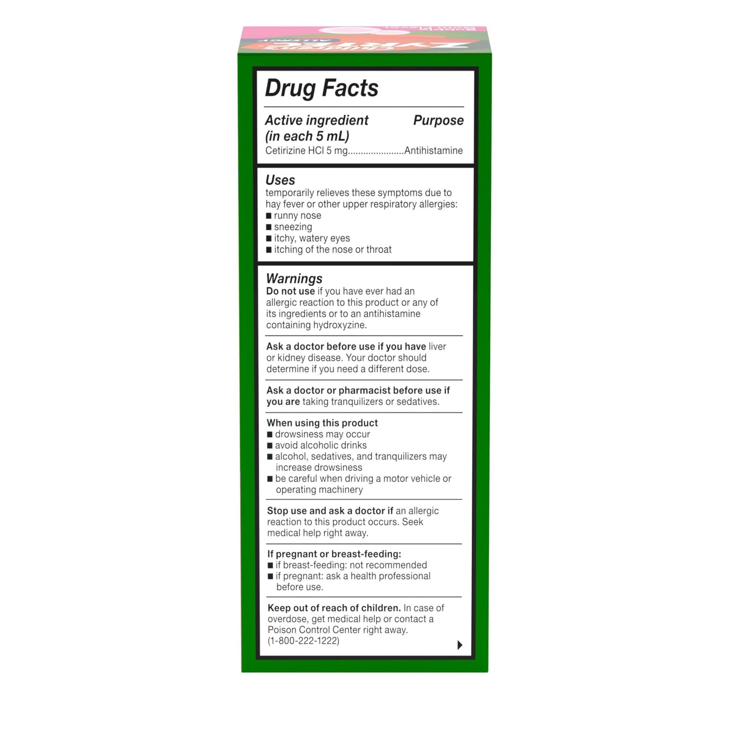 Zyrtec Children's Liquid, Kid's Antihistamine Syrup, Dye-, Sugar-, and Alcohol-Free, Pleasant Bubble Gum Flavor, Contains Cetirizine HCl Suitable for Ages 2 Years and Up, 4 fl oz Bottle - dailyvitalstore
