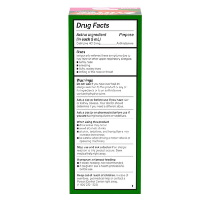 Zyrtec Children's Liquid, Kid's Antihistamine Syrup, Dye-, Sugar-, and Alcohol-Free, Pleasant Bubble Gum Flavor, Contains Cetirizine HCl Suitable for Ages 2 Years and Up, 4 fl oz Bottle - dailyvitalstore