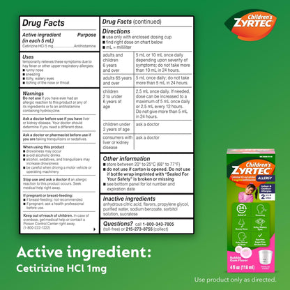 Zyrtec Children's Liquid, Kid's Antihistamine Syrup, Dye-, Sugar-, and Alcohol-Free, Pleasant Bubble Gum Flavor, Contains Cetirizine HCl Suitable for Ages 2 Years and Up, 4 fl oz Bottle - dailyvitalstore