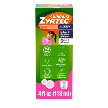 Zyrtec Children's Liquid, Kid's Antihistamine Syrup, Dye-, Sugar-, and Alcohol-Free, Pleasant Bubble Gum Flavor, Contains Cetirizine HCl Suitable for Ages 2 Years and Up, 4 fl oz Bottle - dailyvitalstore