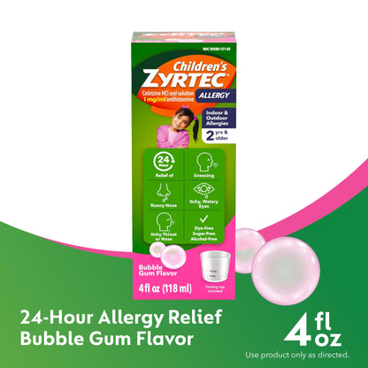 Zyrtec Children's Liquid, Kid's Antihistamine Syrup, Dye-, Sugar-, and Alcohol-Free, Pleasant Bubble Gum Flavor, Contains Cetirizine HCl Suitable for Ages 2 Years and Up, 4 fl oz Bottle - dailyvitalstore