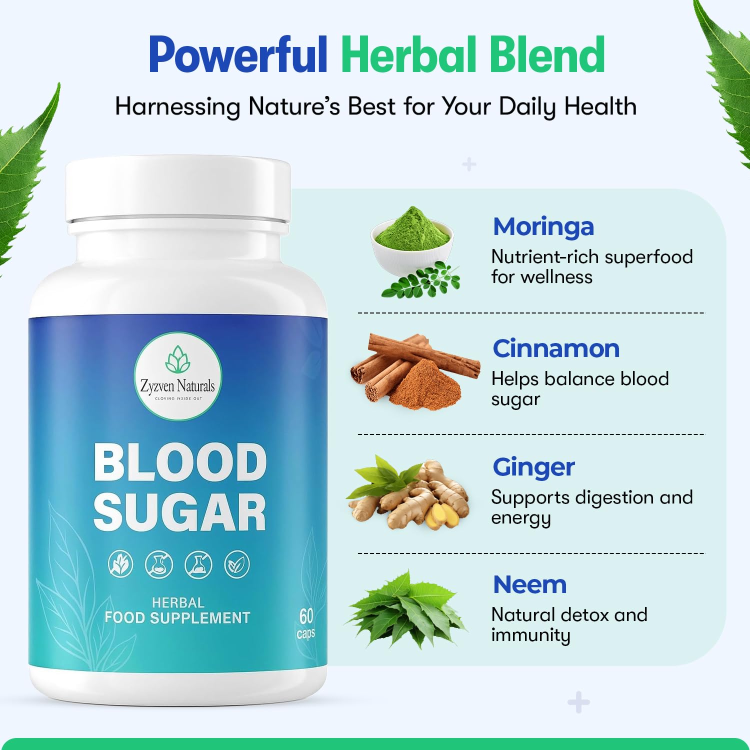 Zyzven Naturals Blood Sugar Support Supplement – 60 Vegan Capsules | Herbal Supplement with Moringa, Cinnamon, Ginger, Neem & Fenugreek | Plant-Based Wellness Supplement - Serving: 2 Capsules/Day - dailyvitalstore