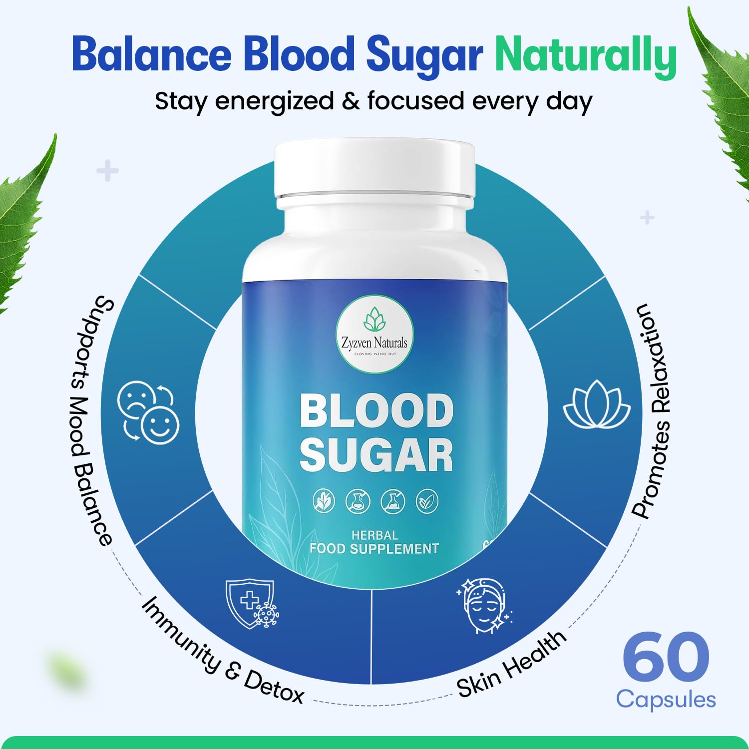 Zyzven Naturals Blood Sugar Support Supplement – 60 Vegan Capsules | Herbal Supplement with Moringa, Cinnamon, Ginger, Neem & Fenugreek | Plant-Based Wellness Supplement - Serving: 2 Capsules/Day - dailyvitalstore