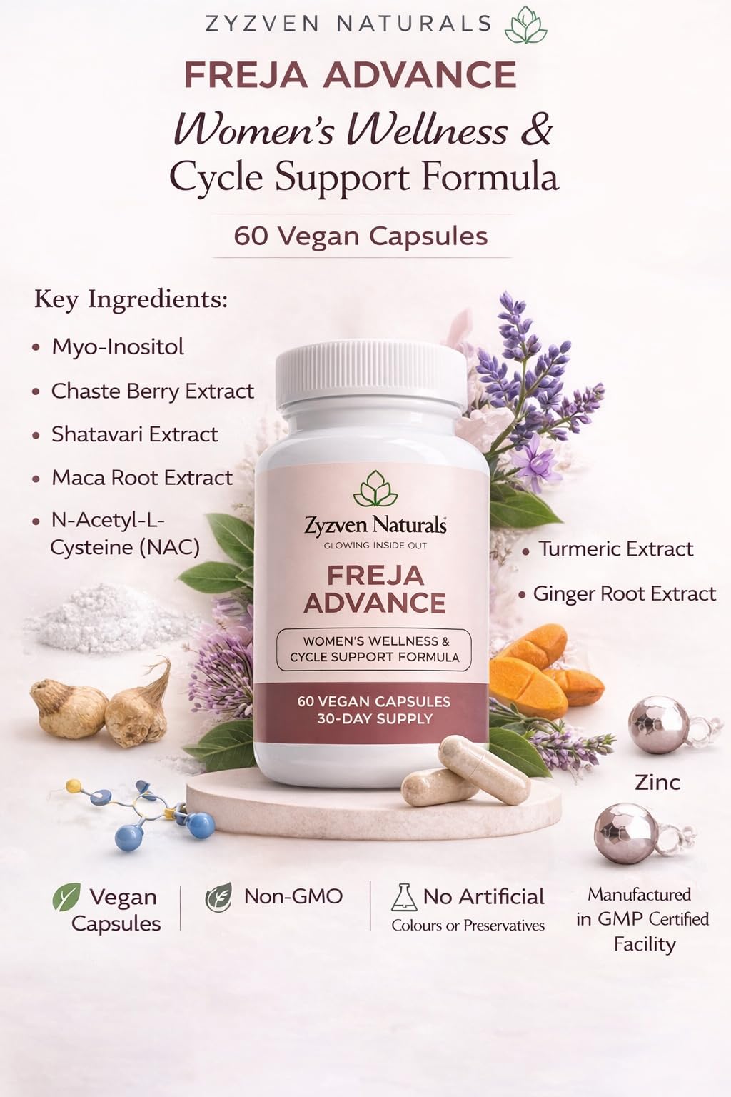 Zyzven Naturals Freja Advance – Women’s Wellness & Cycle Support Supplement – Myo-Inositol, Maca, Vitex, Shatavari, NAC, Zinc & Chromium – 60 Vegan Capsules – 30 Day Supply - dailyvitalstore
