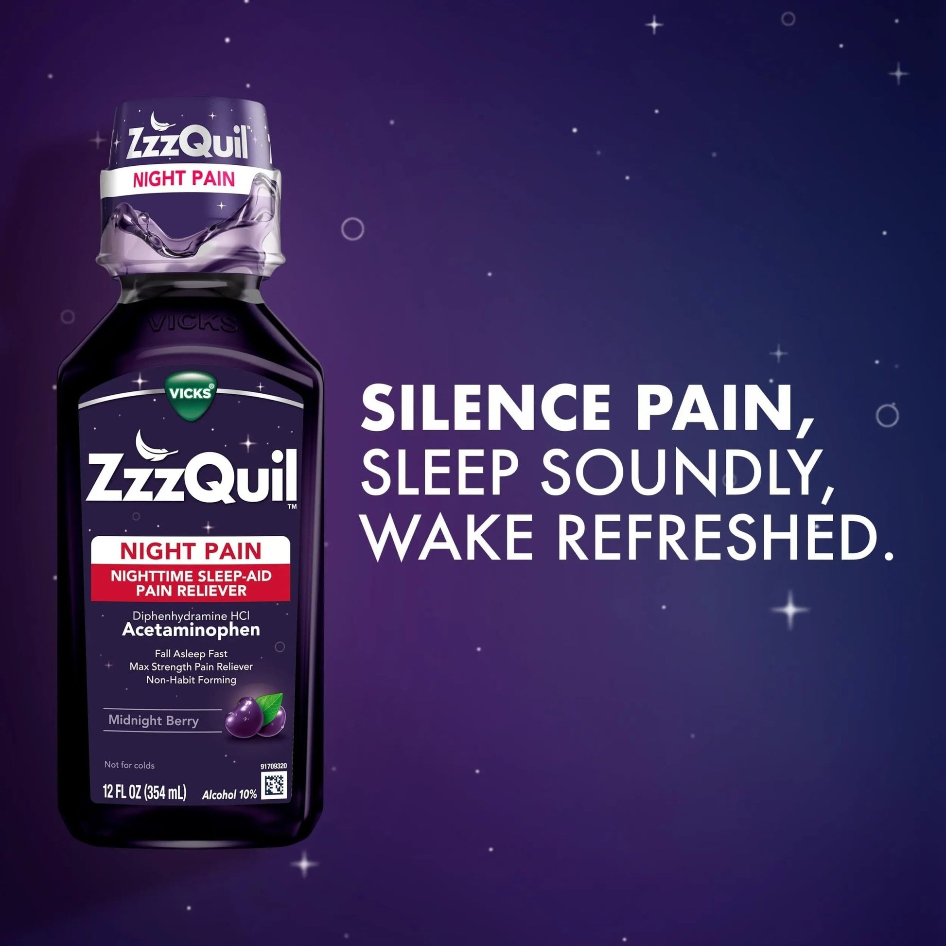 ZzzQuil Liquid, Max Strength Pain Reliever, Nighttime Sleep Aid Liquid, Acetaminophen 1000mg, Diphenhydramine 50mg HCI, Non-Habit Forming, Midnight Berry Flavored, 2 Pack, 24 FL OZ - dailyvitalstore