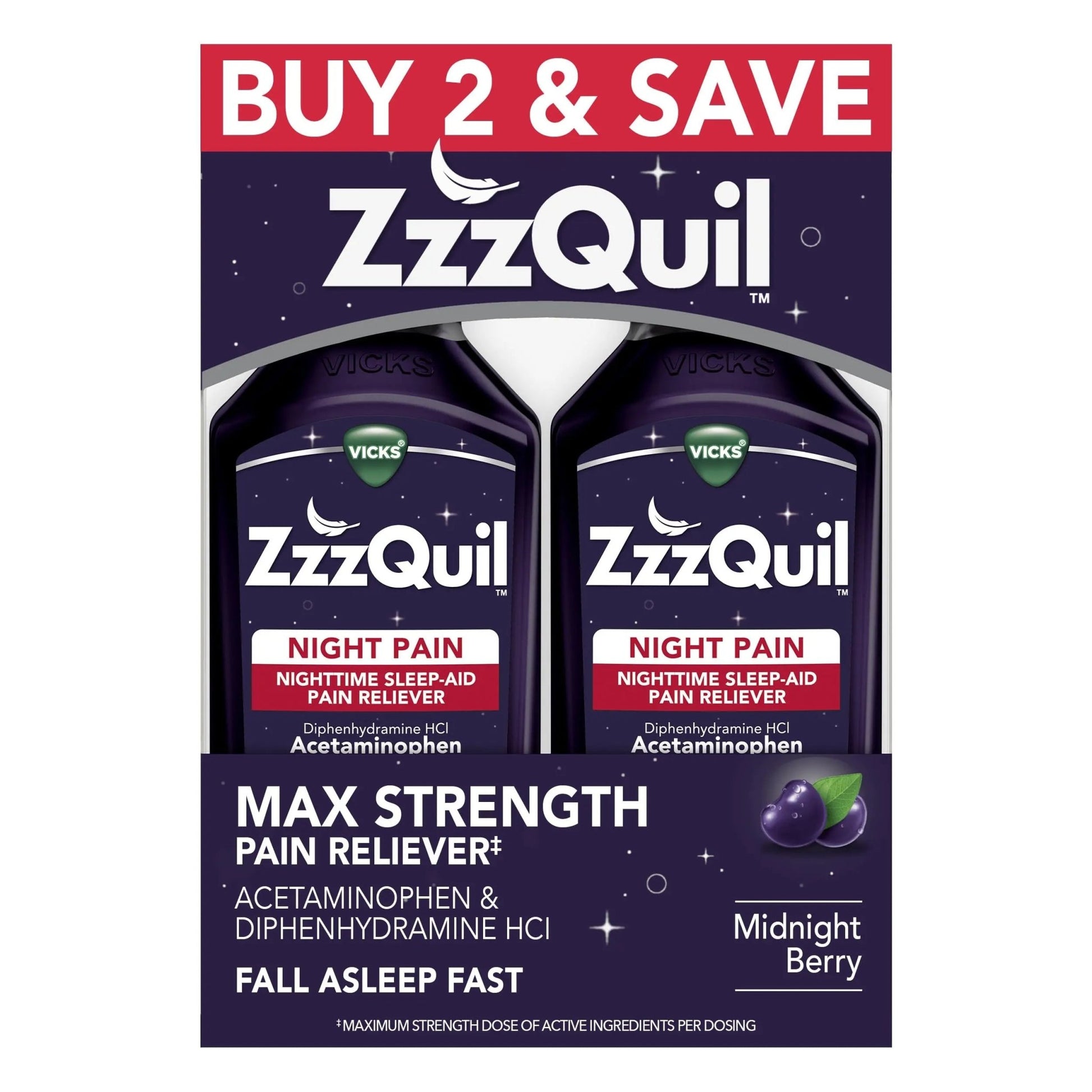 ZzzQuil Liquid, Max Strength Pain Reliever, Nighttime Sleep Aid Liquid, Acetaminophen 1000mg, Diphenhydramine 50mg HCI, Non-Habit Forming, Midnight Berry Flavored, 2 Pack, 24 FL OZ - dailyvitalstore