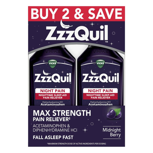 ZzzQuil Liquid, Max Strength Pain Reliever, Nighttime Sleep Aid Liquid, Acetaminophen 1000mg, Diphenhydramine 50mg HCI, Non-Habit Forming, Midnight Berry Flavored, 2 Pack, 24 FL OZ - dailyvitalstore