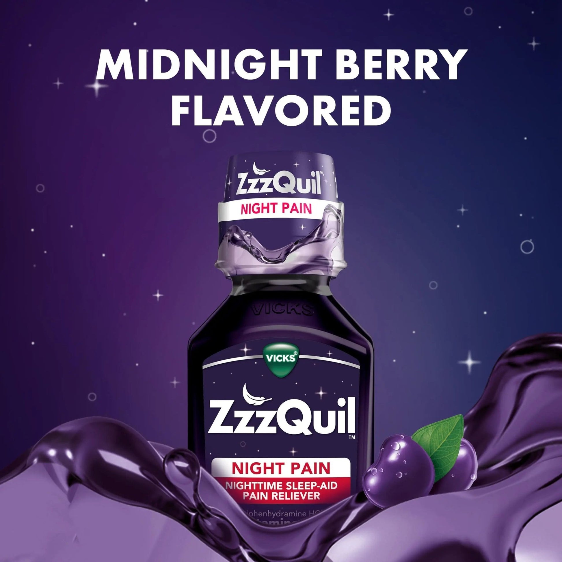 ZzzQuil Liquid, Max Strength Pain Reliever, Nighttime Sleep Aid Liquid, Acetaminophen 1000mg, Diphenhydramine 50mg HCI, Non-Habit Forming, Midnight Berry Flavored, 2 Pack, 24 FL OZ - dailyvitalstore