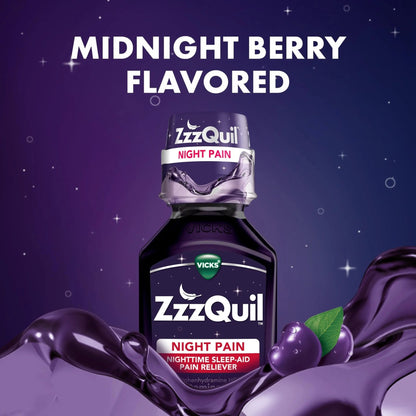 ZzzQuil Liquid, Max Strength Pain Reliever, Nighttime Sleep Aid Liquid, Acetaminophen 1000mg, Diphenhydramine 50mg HCI, Non-Habit Forming, Midnight Berry Flavored, 2 Pack, 24 FL OZ - dailyvitalstore