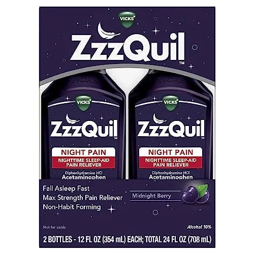 ZzzQuil Liquid, Max Strength Pain Reliever, Nighttime Sleep Aid Liquid, Acetaminophen 1000mg, Diphenhydramine 50mg HCI, Non-Habit Forming, Midnight Berry Flavored, 2 Pack, 24 FL OZ - dailyvitalstore