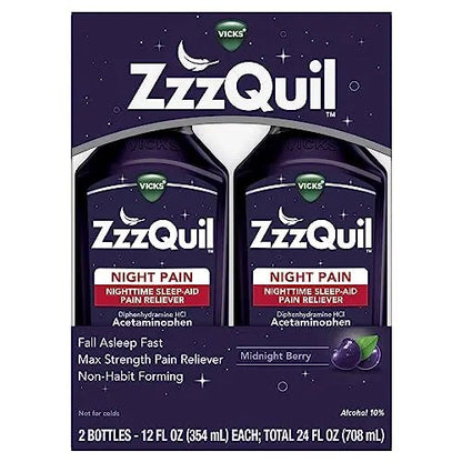 ZzzQuil Liquid, Max Strength Pain Reliever, Nighttime Sleep Aid Liquid, Acetaminophen 1000mg, Diphenhydramine 50mg HCI, Non-Habit Forming, Midnight Berry Flavored, 2 Pack, 24 FL OZ - dailyvitalstore