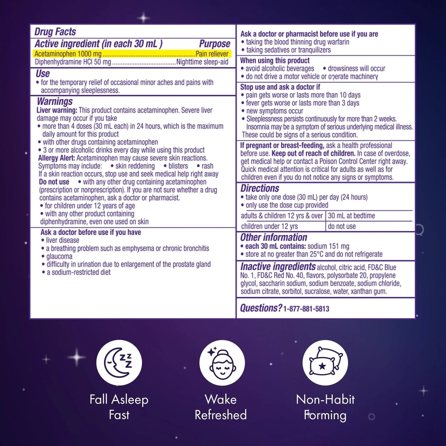 ZzzQuil Liquid, Max Strength Pain Reliever, Nighttime Sleep Aid Liquid, Acetaminophen 1000mg, Diphenhydramine 50mg HCI, Non-Habit Forming, Midnight Berry Flavored, 2 Pack, 24 FL OZ - dailyvitalstore