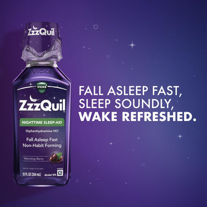 ZzzQuil, Sleep Aid, Nighttime Sleep Aid Liquid, 50 mg Diphenhydramine HCl, Fall Asleep Fast, Non-Habit Forming, Warming Berry Flavor, 12 FL OZ - dailyvitalstore