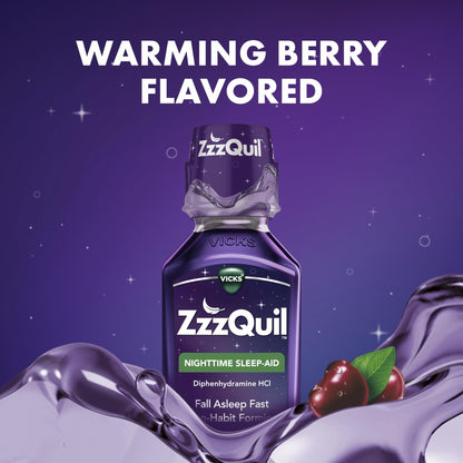 ZzzQuil, Sleep Aid, Nighttime Sleep Aid Liquid, 50 mg Diphenhydramine HCl, Fall Asleep Fast, Non-Habit Forming, Warming Berry Flavor, 12 FL OZ - dailyvitalstore