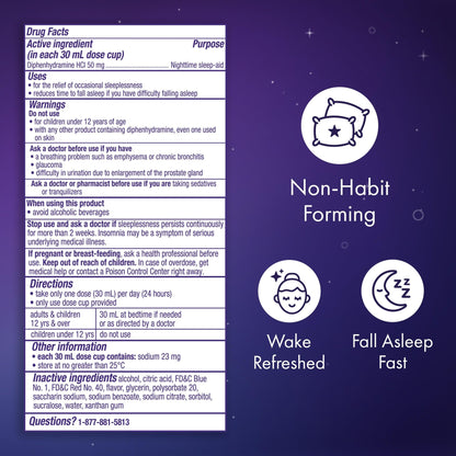 ZzzQuil, Sleep Aid, Nighttime Sleep Aid Liquid, 50 mg Diphenhydramine HCl, Fall Asleep Fast, Non-Habit Forming, Warming Berry Flavor, 12 FL OZ - dailyvitalstore