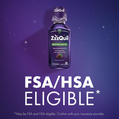 ZzzQuil, Sleep Aid, Nighttime Sleep Aid Liquid, 50 mg Diphenhydramine HCl, Fall Asleep Fast, Non-Habit Forming, Warming Berry Flavor, 12 FL OZ - dailyvitalstore