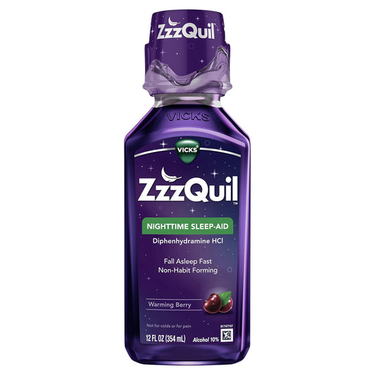 ZzzQuil, Sleep Aid, Nighttime Sleep Aid Liquid, 50 mg Diphenhydramine HCl, Fall Asleep Fast, Non-Habit Forming, Warming Berry Flavor, 12 FL OZ - dailyvitalstore